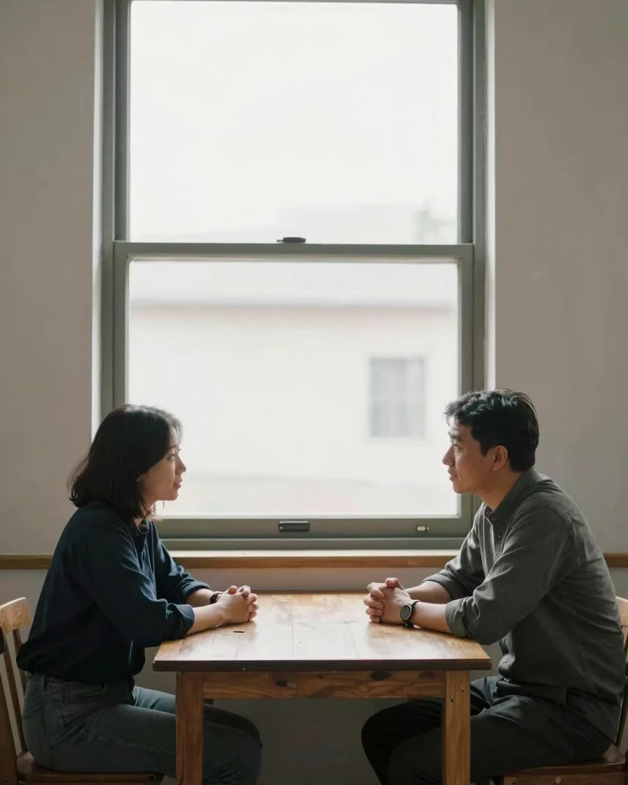 Candid documentary photograph of two people in natural conversation at a simple wooden table beside a tall window, soft